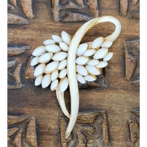 Vintage White Milk Glass and Enamel Ribbon Brooch Signed ART